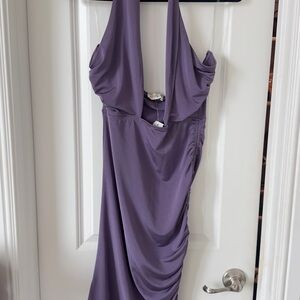 Purple Asymmetrical Ruched Halter Gown